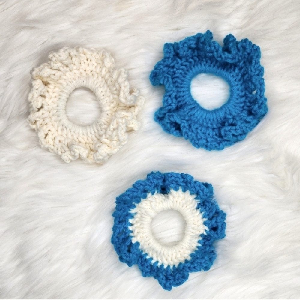 Handmade Textured Crocheted Scrunchies Ponytail Holder Hair Tie Set Of 3 - New - Picture 2 of 5